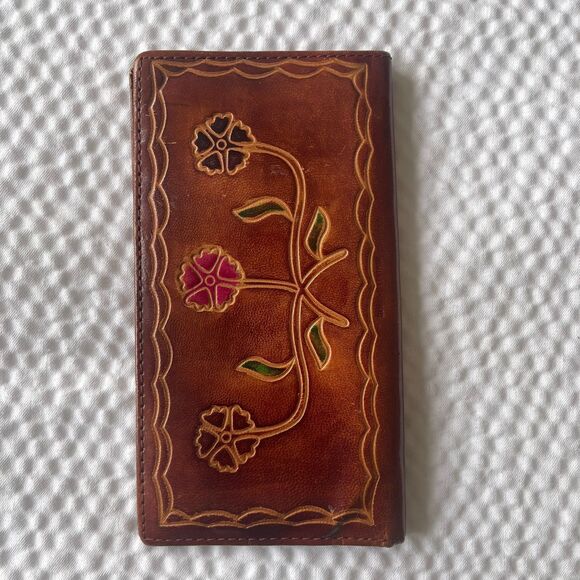 Vintage Women's Antiqued Brown Genuine Leather Embossed Floral Rare Wallet - Picture 5 of 9